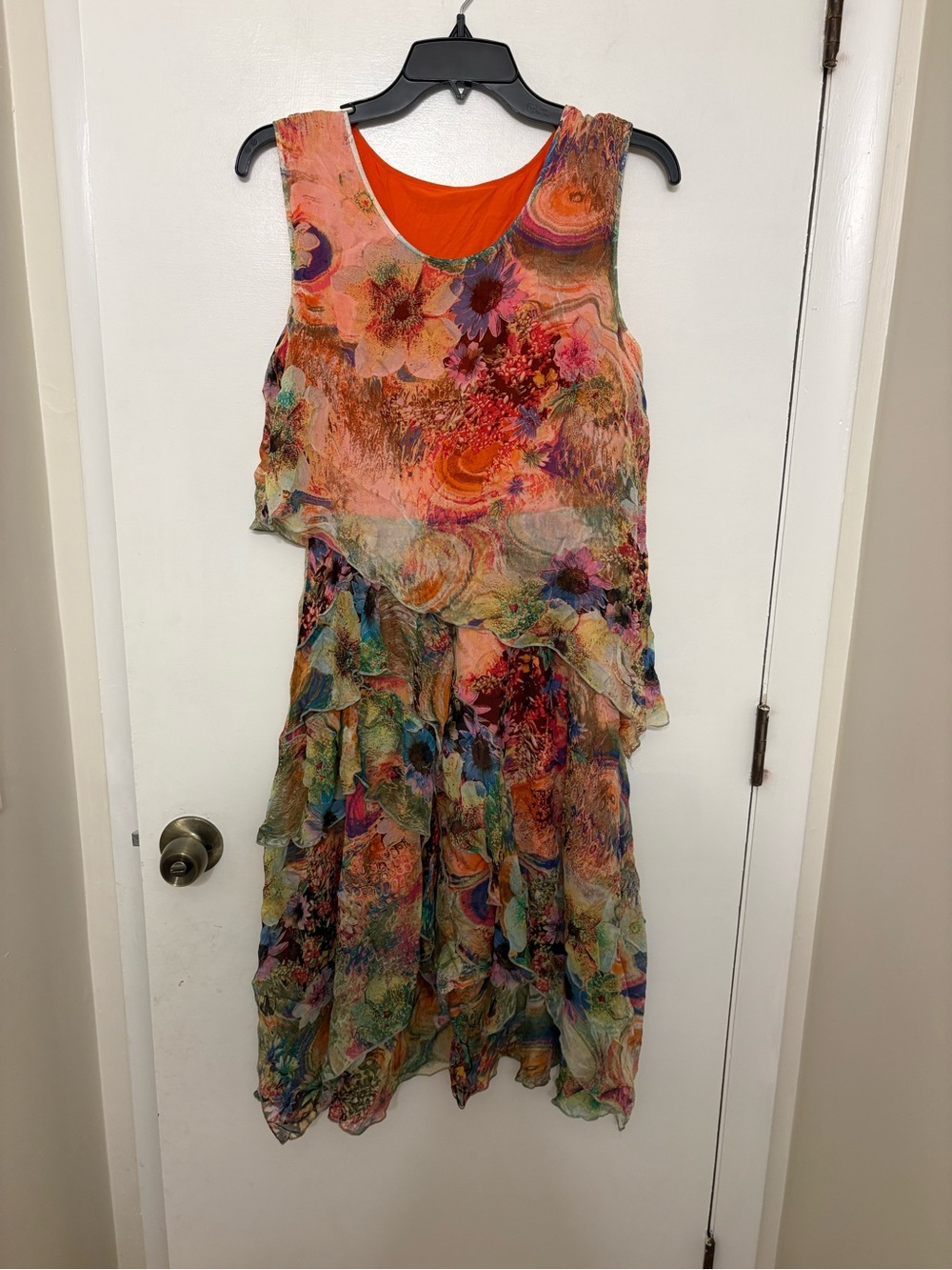 QinPei.Er 100% Silk Boho Floral Tiered Ruffle Midi Dress Fairy Watercolor L